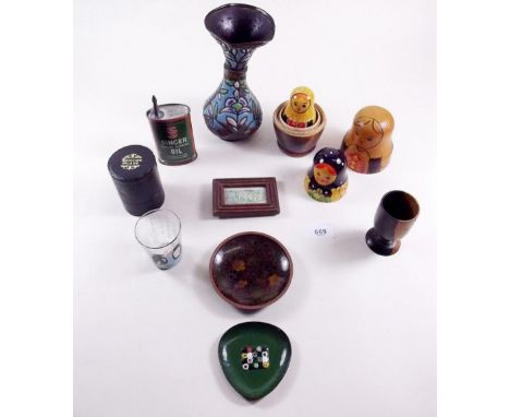 A box of collectables to include enamel vase a/f