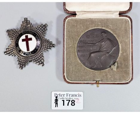 Bronze commemorative medallion for Service in The National Emergency May 1926, cased. Together with a Knights Templar white m