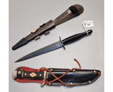 West German post war HJ style knife/dagger marked 'Solingen, Germany', the blade engraved 'Blut und Ehre', in leather scabbar