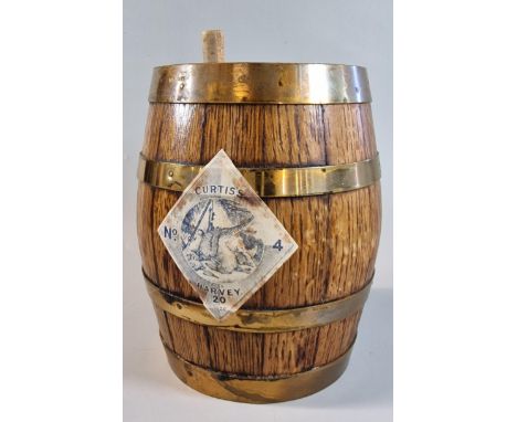 Miniature coopered oak brass bound gun powder barrel bearing label for 'Curtis's Harvey No. 4 size 20'. 19cm high approx. (B.