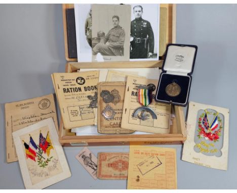 Small box containing assorted Wartime ephemera including: silk greetings cards, National identity Card, Ration Books, photogr