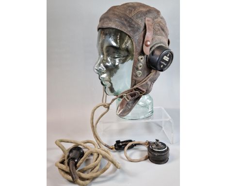 WWII RAF Type C leather flying helmet, together with Type 48 microphone (10A-12570) and Air Ministry headphone receivers (10A