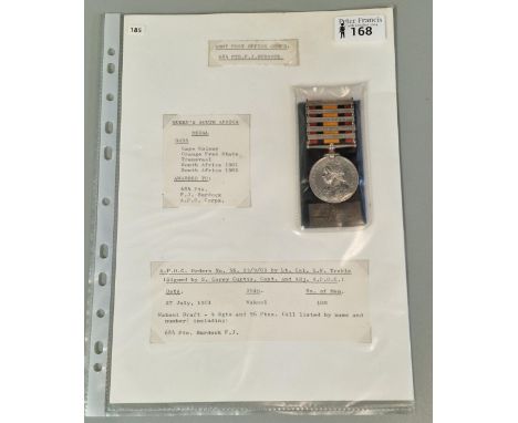 Queen Victoria South Africa Medal awarded to 684 Pte F J Burdock, Army Post Office Corps, with clasps for Cape Colony, Orange