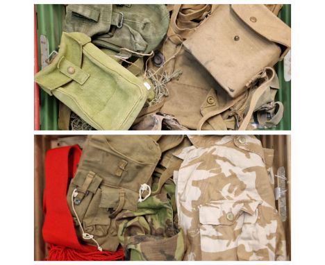 Two boxes containing British Army camouflage shirts, satchels, gas mask bags, binocular cases. Some dated. (B.P. 21% + VAT)