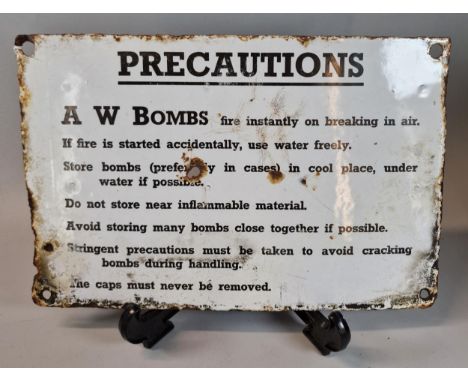 Unusual single sided enamel warning sign relating to A. W. Bombs or Special Incendiary Grenades, 'Precautions, A.W Bombs fire