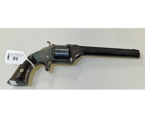 Smith and Wesson No. 2 Model (No. 2 Old Army) revolver in 3.2 rim fire long calibre. Single action tip-up frame with 6 inch b