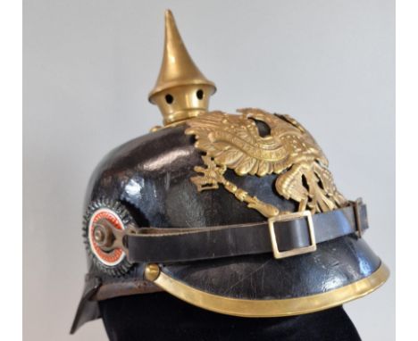 Imperial German leather and brass Pickelhaub Officer's helmet with brass Imperial Eagle motif. Interior markings. Believed pe