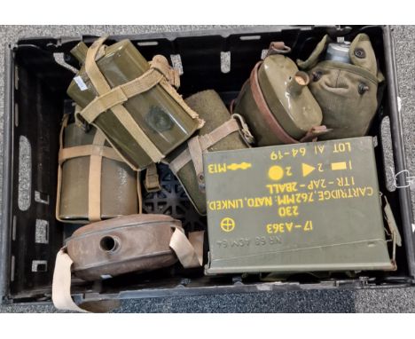 Box containing six Army style canteens and one small metal ammunition box for 7.62 NATO rounds. (B.P. 21% + VAT)