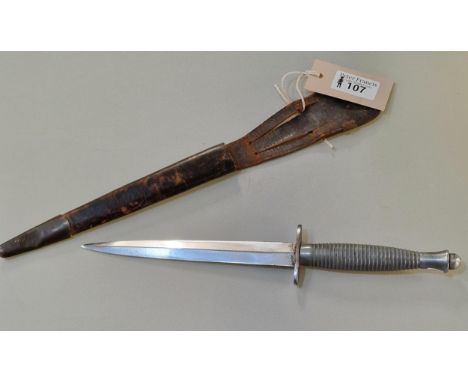 British Third Pattern Fairbairn Sykes commando fighting knife having white metal handle, un-named. 30cm long approx. Together