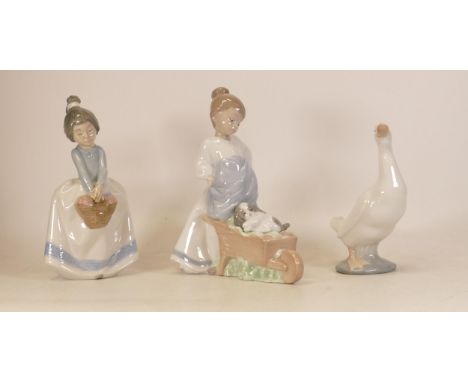 Nao figures Girl with puppy in wheelbarrow 1431, girl holding basket and goose. Height of tallest 20cm (3) 