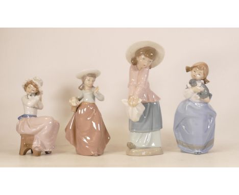 Nao figures girl holding basket, A big hug, girl with puppy 1029 and Girl in pink poncho with bonnet, height of tallest 25cm 