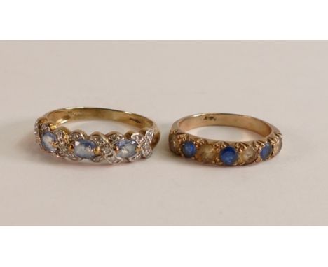 Two 9ct gold ladies ring, both set with blue stones, size J &amp; O,4.5g. (2) 