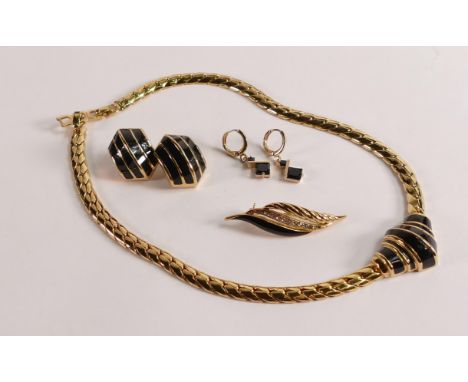 Christian Dior gold plated jewellery set, Art Deco style, comprising necklace, two pairs of earrings and brooch. 