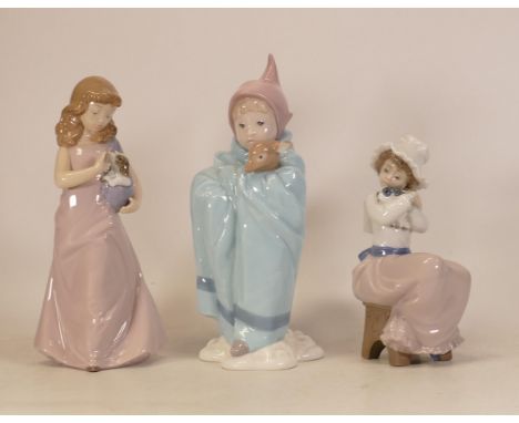Nao figures A big hug 1049, girl with puppy in satchel and Lladro Gold Memories figure boy with fawn, height of tallest 24cm 
