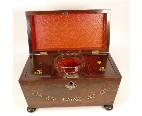 A George IV Sarcophagus Tea Caddy with Mother of Pearl Scrollwork Inlay. Interior Lids have Initials for BG also in Mother of