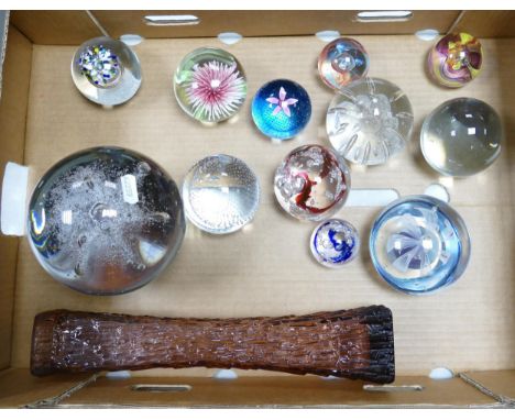 A collection of glass paperweights to include Caithness moon crystal, flower in the rain together with glass vase ( 1 tray) 