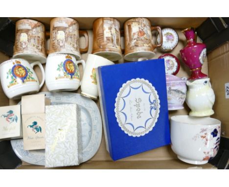 A mixed collection of items to include New Hall mugs, Commemorative ware, Royal Belvedere figure, Spode Billingsley Rose Spra