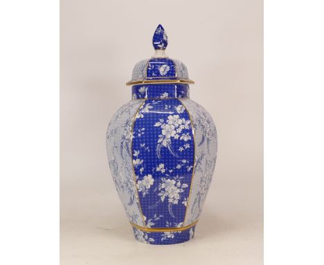 A Large Spode Hexagonal Ginger Jar decorated with Geometric Patterns and Blossom with Gilt Borders. Printed Black Backstamp w