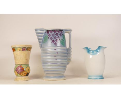 Three Burleigh Ware Items to include Art Deco Ribbed Jug, Tubelined Charlotte Rhead Floral Vase and A Light Blue Small Vase. 