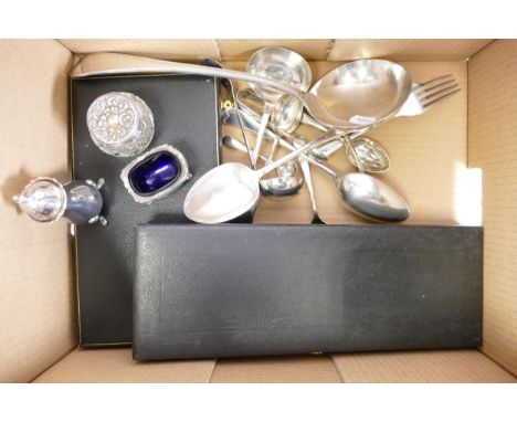 A collection of silver plated items including spoons, ladle, boxed fish knives etc and Silver salt 25.9g. 