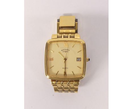 Gentlemans Rotary Quartz date wristwatch, gold plated with bracelet, boxed. 
