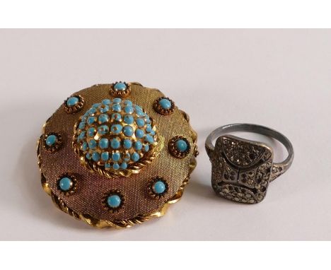 Gilt metal brooch set with turquoise stones and Silver marcasite ring. (2) 