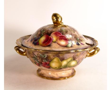 Royal Worcester artist David R Bowkett hand painted lidded tureen. Royal Crown Derby blank painted with fruit still life by D