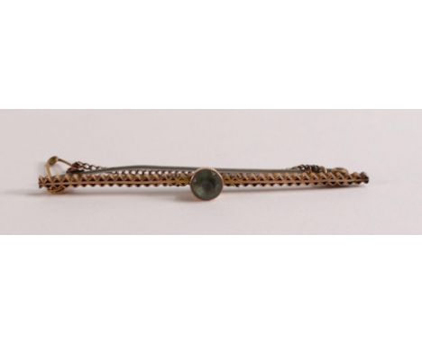 Victorian 9ct gold bar brooch set with light blue stone, steel pin, 2.5g. 