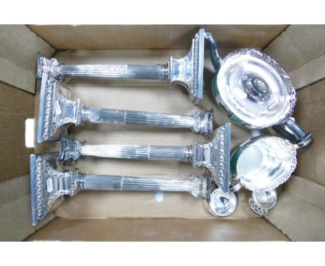 A Collection of Silverplated items to include Four Corinthian Column Candlestick with Sconces together with Sifter, Salt Cell