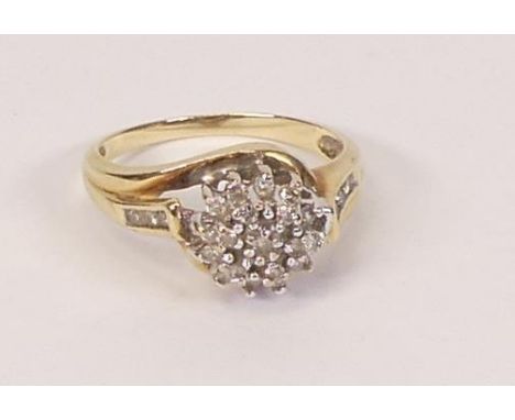 10ct gold &amp; diamond cluster ring, size M/N, 3.2g. 