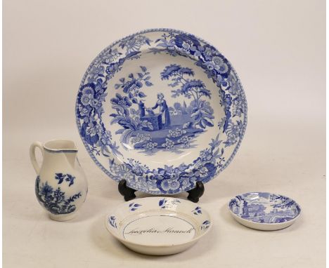 Four 19th Century and Later Blue and White Ceramic items to include Restored Porcelain Sparrowbeak jug with unglaze blue C ma