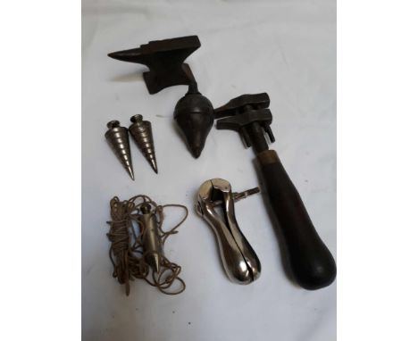  Sale Item:    ANVIL, 2 HAND HELD VICES &amp; VARIOUS PLUMB BOBS  Vat Status:   No Vat   Buyers Premium:  This lot is subject