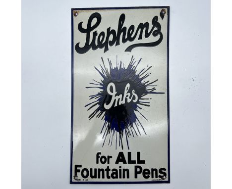 Enamel sign Stephens inks for all your fountain pens,
19 inches x 10 1/2 inches,
damage at the corners
