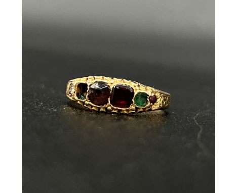Antique 15ct yellow gold hallmarked Birmingham,
set with old precious stones but one is missing,
1.9 grams,
size K