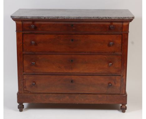 A 19th century French mahogany commode, having a grey marble top over four long drawers, on turned feet, w.115cm, d.55cm, h.9
