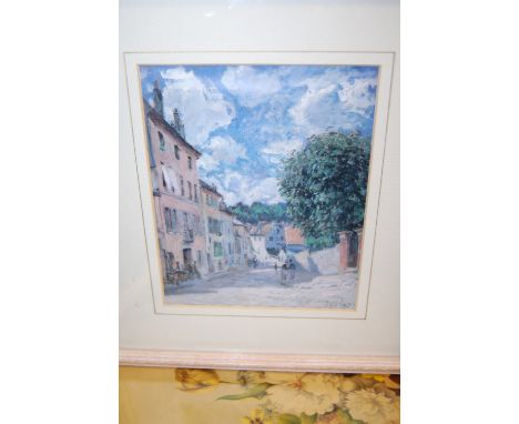 T Tate - Lilies, oil on board, three framed botanical prints, after Alfred Sisley - French street scene lithograph, and three