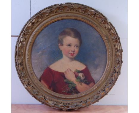 Late 19th century English school - Bust portrait of a girl with rose clippings, oil on canvas, framed as a circle, dia. 49cm