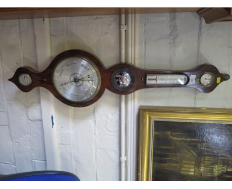 A 19th century rosewood barometer, with hygrometer, thermometer, convex mirror and silvered dial, the spirit level inscribed 