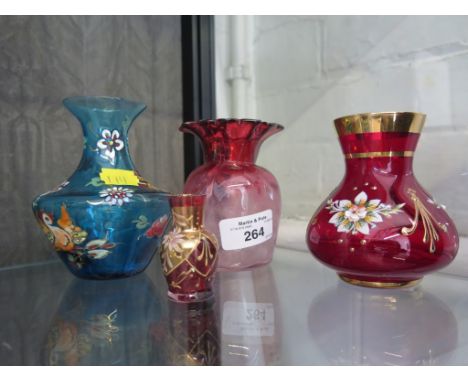 Three Bohemian/ Czech glass vases with colourful enamel birds and floral decoration and a small fluted ruby glass vase