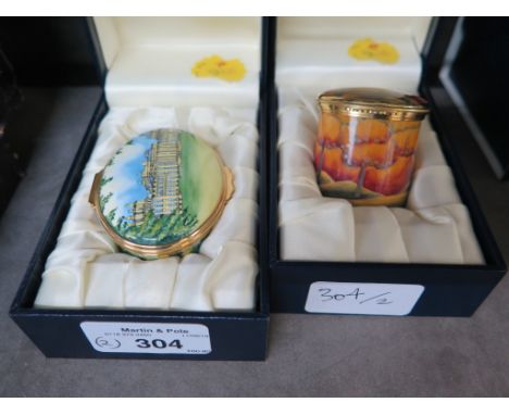 A Moorcroft enamel box depicting Blenheim Palace, 6cm wide, and an Autumnal circular box, marked Trial 19/4/99 A. Rose, 4.5cm
