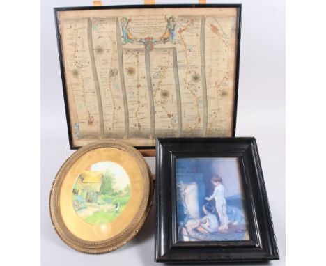 John Ogilby: "Road from London to Yarmouth", in black strip frame, a watercolour of a thatched cottage, ducks and a girl, in 