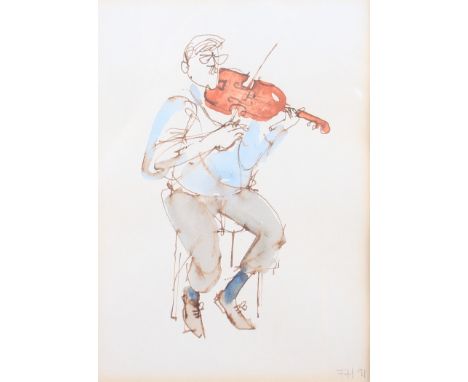 A pair of pen and watercolour sketches, playing the violin and reading the newspapers, in oak strip frames