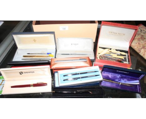 Two boxed Sheaffer fountain pens, a Cross ballpoint pen and propelling pencil, in original box, a Parker propelling pencil, a