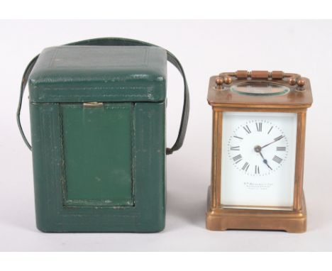 A brass carriage clock by W Bruford &amp; Son, in green leather case