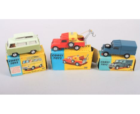 A Corgi Toys die-cast model Land Rover RAF vehicle, No 351, a Ford Thames "Airborne" caravan, No 420, and a Land Rover breakd