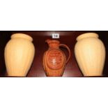 A pair of Wedgwood Caneware baluster vases with ivy relief decoration, 11 3/4" high, and a studio