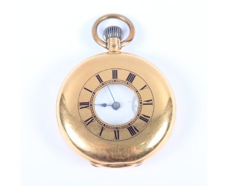 An 18ct gold cased half hunter pocket watch with white enamel dial, Roman numerals and subsidiary seconds dial at six o'clock