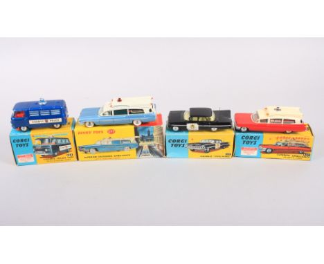 A Corgi Toys die-cast model "Superior Ambulance", No 437, a Chevrolet "State Patrol", No 222, a Commer Police Van, No 464, an