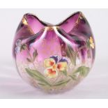 A French purple and clear glass bowl with speckled gilt rim and relief decorated flowers