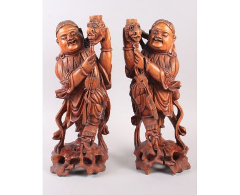 A pair of mid 20th century carved hardwood figure lamp bases, 17 3/4" high